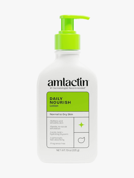 AmLactin Daily Nourish Body Lotion with 12% Lactic Acid in branded component on a light gray background
