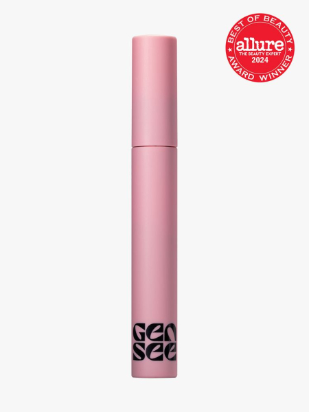 Gen See Spectator Sport Mascara branded twist up component in pink with black accents on a light gray background with red Allure Best of Beauty seal in the top right corner